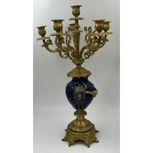 1191 - A pair of 20thC French style candelabras, gilt metal and blue porcelain 54cm h together with a gilt ... 