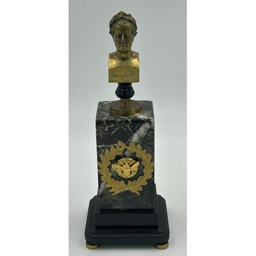 1196 - A Marble and Brass Twin Inkwell Stand with glass inserts and hinged lids and a female bust in the ce... 