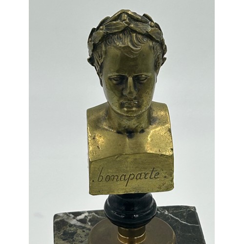 1196 - A Marble and Brass Twin Inkwell Stand with glass inserts and hinged lids and a female bust in the ce... 