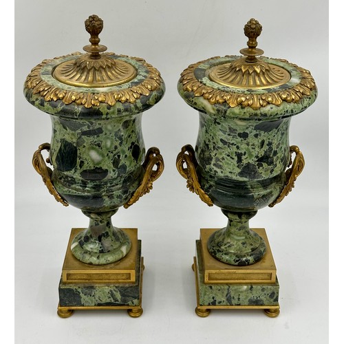 1199 - A pair of French ormolu mounted verde antico marble vases with fixed lids, vine swag handles and pin... 