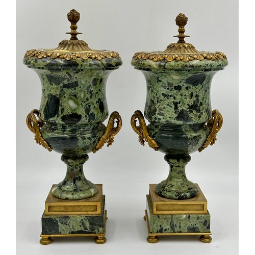 1199 - A pair of French ormolu mounted verde antico marble vases with fixed lids, vine swag handles and pin... 