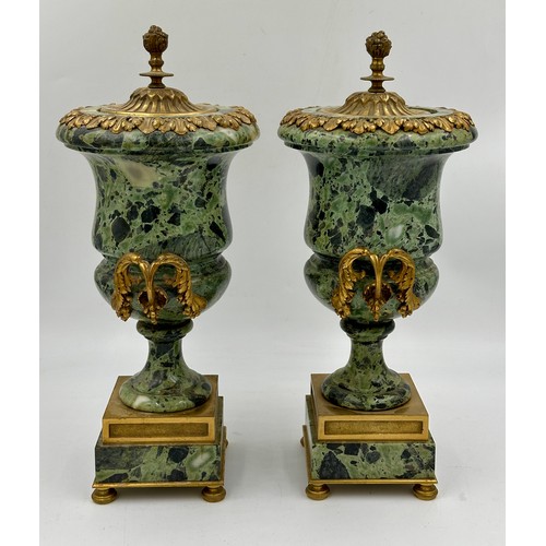 1199 - A pair of French ormolu mounted verde antico marble vases with fixed lids, vine swag handles and pin... 