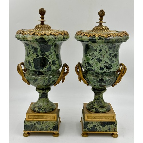 1199 - A pair of French ormolu mounted verde antico marble vases with fixed lids, vine swag handles and pin... 