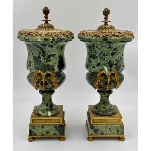 1199 - A pair of French ormolu mounted verde antico marble vases with fixed lids, vine swag handles and pin... 