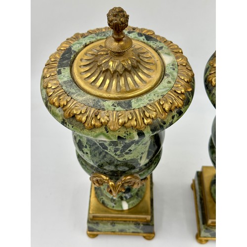 1199 - A pair of French ormolu mounted verde antico marble vases with fixed lids, vine swag handles and pin... 