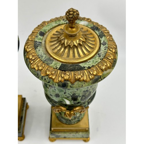 1199 - A pair of French ormolu mounted verde antico marble vases with fixed lids, vine swag handles and pin... 