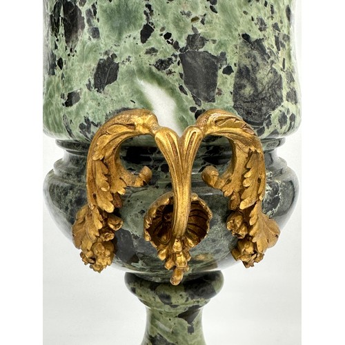 1199 - A pair of French ormolu mounted verde antico marble vases with fixed lids, vine swag handles and pin... 