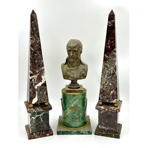 1201 - A metal bust of Napoleon on a marble pedestal 40cm high. Together with a pair of decorative marble o... 