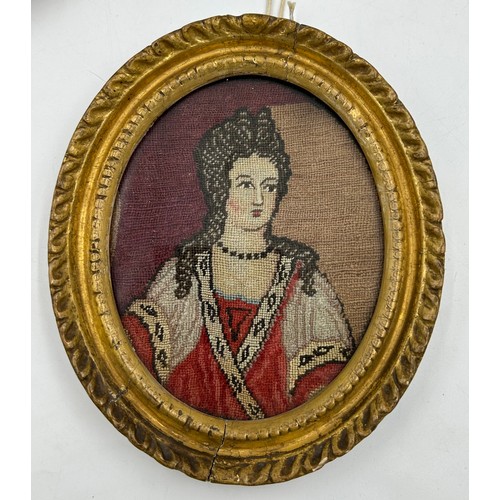 875 - Two early 18thC miniature needlepoint portraits of The 1st Duke and Duchess of Marlborough along wit... 