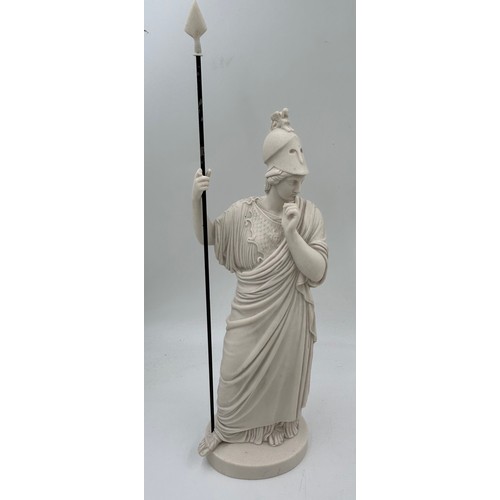 406 - A heavy white marble statue of Athena with spear, 49cm h, a bust of Perseus on a column base, 21cm h... 