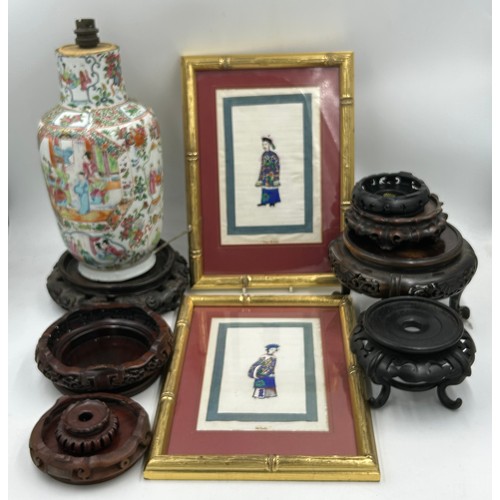 939 - A selection of oriental items to include a famille rose vase adapted into a lamp base 32cm h, two fr... 