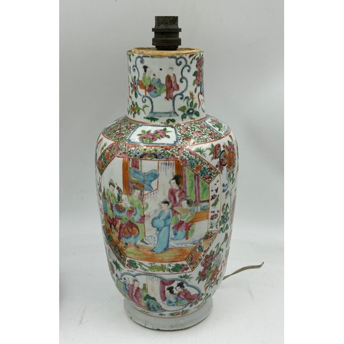 939 - A selection of oriental items to include a famille rose vase adapted into a lamp base 32cm h, two fr... 