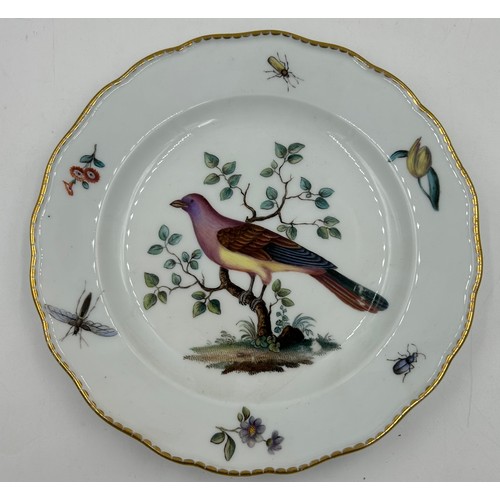 407 - Two 19thC hand painted Meissen plates depicting images of birds and insects measuring 24cm, cross sw... 