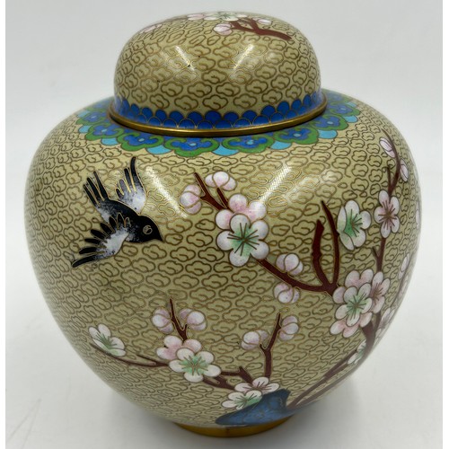 408 - A Cloisonne oriental ginger jar together with 2 Staffordshire enamel pill boxes depicting a hot air ... 