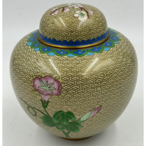 408 - A Cloisonne oriental ginger jar together with 2 Staffordshire enamel pill boxes depicting a hot air ... 