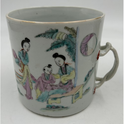 941 - Two 19thC  oriental items to include a large brush pot with ribbon twist handle hand painted with wo... 