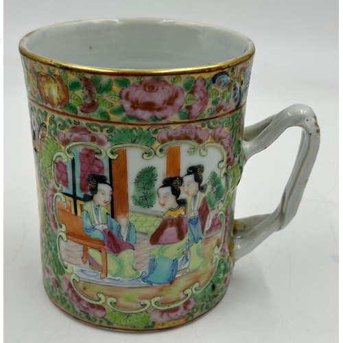 941 - Two 19thC  oriental items to include a large brush pot with ribbon twist handle hand painted with wo... 