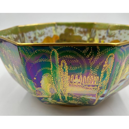 416 - A Wedgwood Fairyland Lustre Octagonal Bowl 'Woodland Bridge' based on an original design by Daisy Ma... 