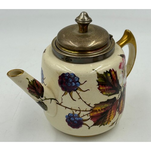 480 - A Taylor Tunniciffe & Co ceramic teapot, sugar bowl and milk jug in floral design with silver rims m... 