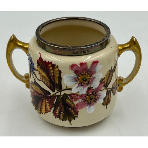 480 - A Taylor Tunniciffe & Co ceramic teapot, sugar bowl and milk jug in floral design with silver rims m... 