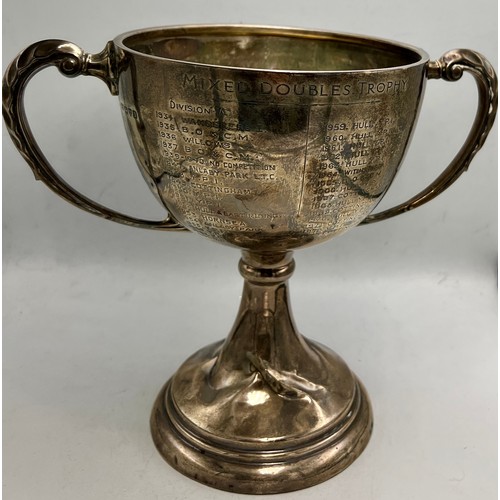 822 - Hallmarked silver twin handled trophy. Hull Lawn Tennis League Mixed Doubles Trophy. Chester 1927. 2... 