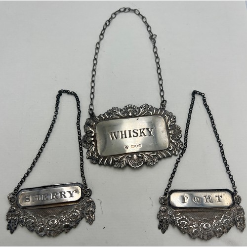 825 - Three silver decanter labels to include Port and Sherry Birmingham 1840, maker Francis Clark and Whi... 