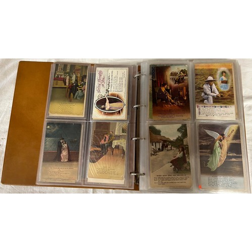 922 - A collection of Postcards in three albums to include Edwardian Romance and Greetings (180), embroide... 