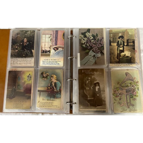 922 - A collection of Postcards in three albums to include Edwardian Romance and Greetings (180), embroide... 