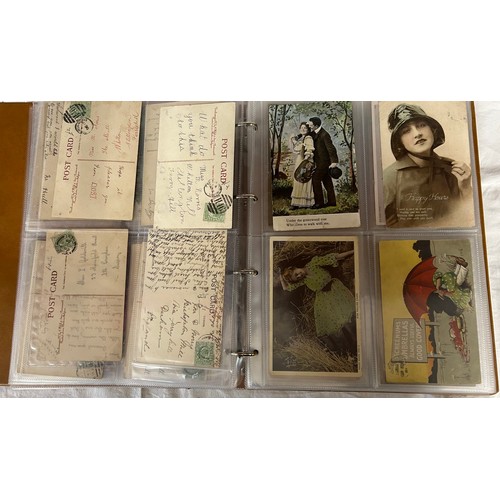 922 - A collection of Postcards in three albums to include Edwardian Romance and Greetings (180), embroide... 