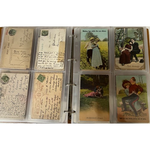 922 - A collection of Postcards in three albums to include Edwardian Romance and Greetings (180), embroide... 