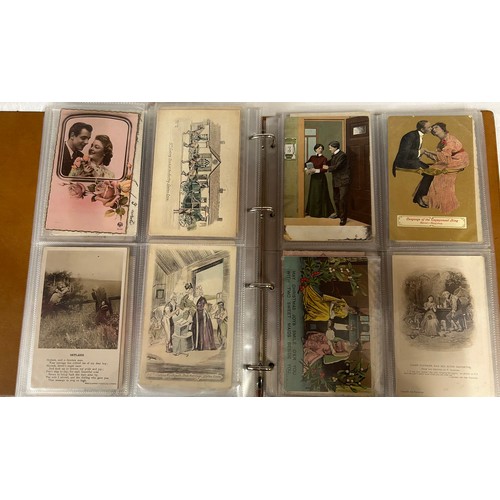 922 - A collection of Postcards in three albums to include Edwardian Romance and Greetings (180), embroide... 