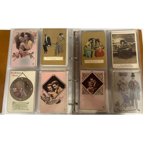 922 - A collection of Postcards in three albums to include Edwardian Romance and Greetings (180), embroide... 