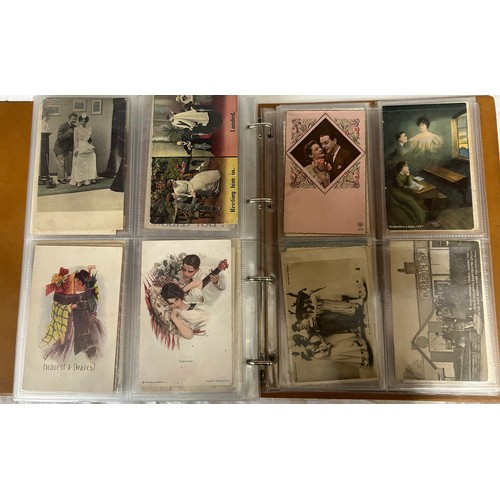 922 - A collection of Postcards in three albums to include Edwardian Romance and Greetings (180), embroide... 