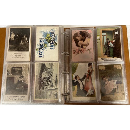 922 - A collection of Postcards in three albums to include Edwardian Romance and Greetings (180), embroide... 