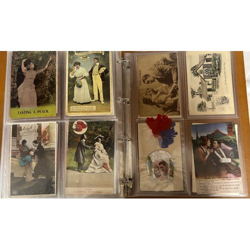 922 - A collection of Postcards in three albums to include Edwardian Romance and Greetings (180), embroide... 