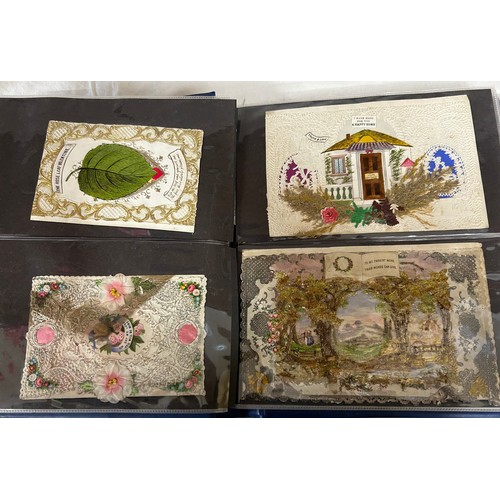 922 - A collection of Postcards in three albums to include Edwardian Romance and Greetings (180), embroide... 