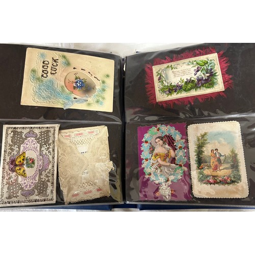 922 - A collection of Postcards in three albums to include Edwardian Romance and Greetings (180), embroide... 