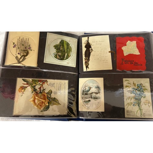 922 - A collection of Postcards in three albums to include Edwardian Romance and Greetings (180), embroide... 