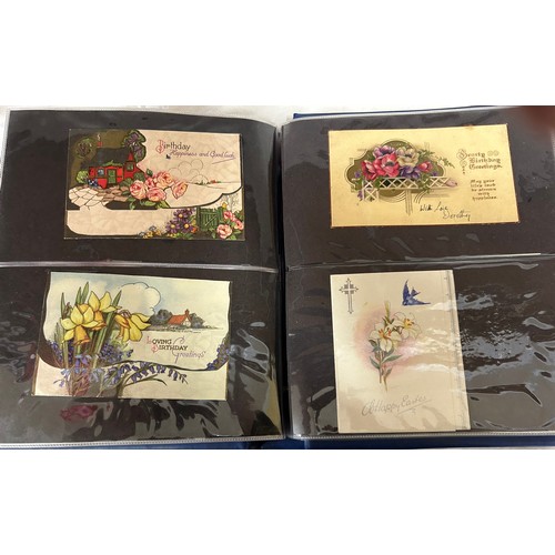 922 - A collection of Postcards in three albums to include Edwardian Romance and Greetings (180), embroide... 