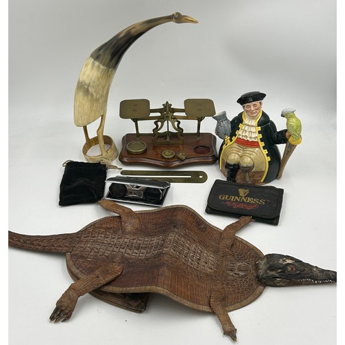 1226 - A miscellany of items to include an alligator handbag, a horn carved in the shape of a bird 30cm, Ro... 