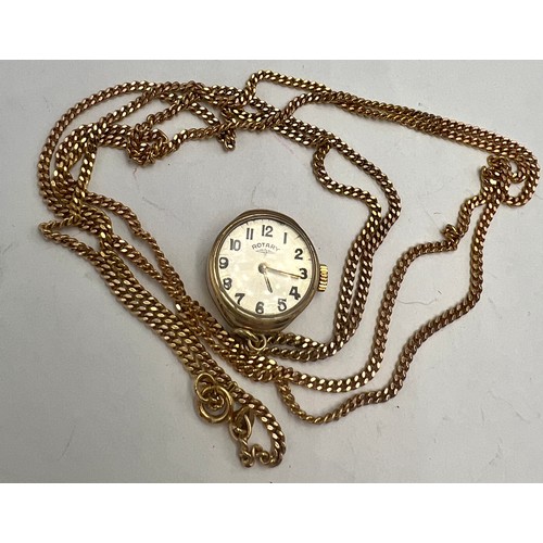 584 - A 9 carat gold Rotary watch on a nine carat gold chain. Total weight 18gm. Chain 11.9gm, 90 cm lengt... 