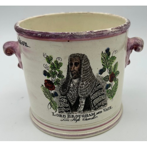 152 - An early 19th century transfer-printed two-handled bottle coaster, c. 1832. With pink lustre rim, an... 