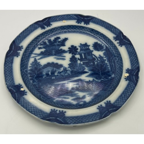 159 - A group of early 19th century blue and white transfer printed  Boy on a Buffalo plates, c. 1810. 23 ... 