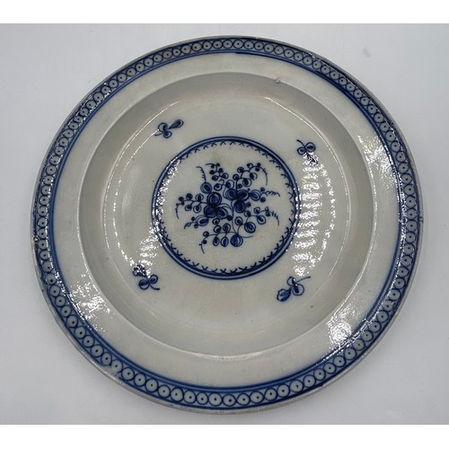 163 - Two early 19th century pearlware blue and white hand-painted large floral design chargers c. 1810. 3... 