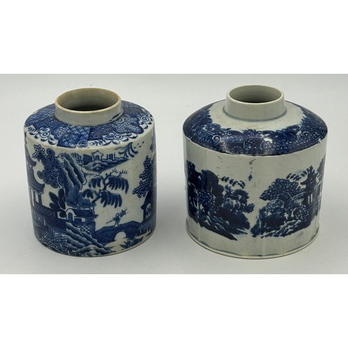 169 - Two early 19th century pearlware blue and white transfer printed chinoiserie pattern tea caddies, c.... 