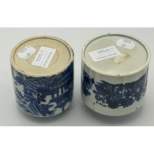 169 - Two early 19th century pearlware blue and white transfer printed chinoiserie pattern tea caddies, c.... 