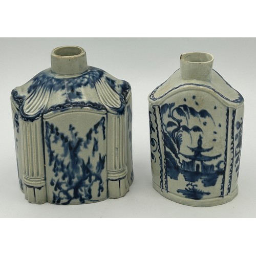 170 - Two early 19th century pearlware blue and white hand-painted tea caddies, c. 1810. One decorated wit... 