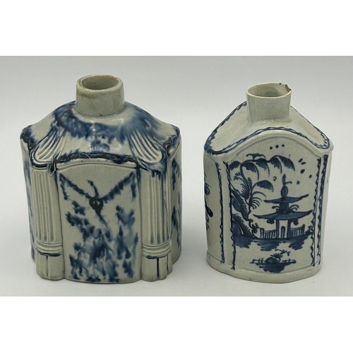 170 - Two early 19th century pearlware blue and white hand-painted tea caddies, c. 1810. One decorated wit... 