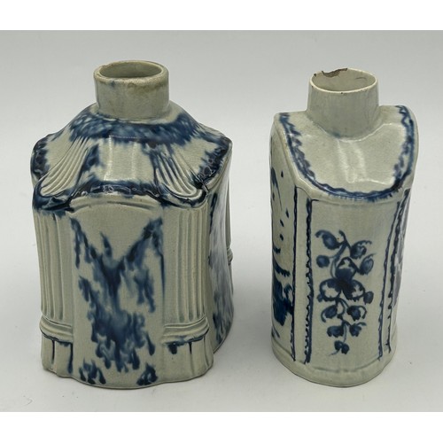 170 - Two early 19th century pearlware blue and white hand-painted tea caddies, c. 1810. One decorated wit... 