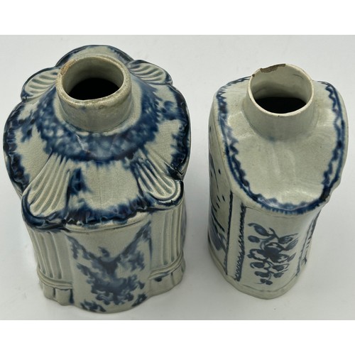 170 - Two early 19th century pearlware blue and white hand-painted tea caddies, c. 1810. One decorated wit... 